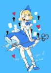  1girl alice_margatroid alice_margatroid_(pc-98) blonde_hair blue_background blue_bow blue_footwear blue_hair blue_skirt bow breasts closed_mouth collared_shirt commentary_request english_text frilled_skirt frills full_body hair_bow happy highres holding holding_key key mary_janes puffy_short_sleeves puffy_sleeves shirt shoes short_sleeves simple_background skirt small_breasts smile socks standing suspender_skirt suspenders touhou touhou_(pc-98) white_legwear white_shirt yellow_eyes yorktown_cv-5 younger 