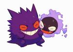 :d bluekomadori closed_eyes commentary cuddling english_commentary fangs gastly gengar grin no_humans open_mouth pokemon pokemon_(creature) smile teeth 
