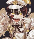  1boy bangs black_hair black_headwear black_neckwear bow bowtie dress frills hanako_(jibaku_shounen_hanako-kun) hat highres jibaku_shounen_hanako-kun kuroume_(aihikarikuroume24) long_hair long_sleeves looking_at_viewer magatama_hair_ornament ofuda open_mouth school_uniform sharp_teeth teeth white_dress 