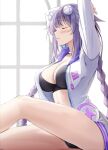  1girl arms_up bangs bare_legs black_bra black_panties blush bra braid breasts choker choujigen_game_neptune cleavage closed_eyes eyebrows_visible_through_hair hair_ornament highres jacket keenh large_breasts long_hair long_sleeves neptune_(series) panties parted_lips purple_hair purple_heart sitting solo thighs twin_braids underwear white_choker white_jacket 