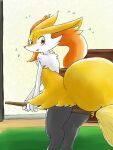  anthro blush bodily_fluids braixen broom canid canine cleaning_tool eiroru female fox fur hi_res inner_ear_fluff mammal nintendo orange_eyes pok&eacute;mon pok&eacute;mon_(species) solo sweat tuft video_games yellow_body yellow_fur 