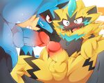  absurd_res anthro anthro_on_anthro balls black_body black_fur blue_body blue_fur blush bodily_fluids dripping duo edit erection fur genital_fluids genitals hi_res humanoid_genitalia humanoid_penis legendary_pok&eacute;mon looking_at_another lucario male male/male nintendo open_mouth penis pok&eacute;mon pok&eacute;mon_(species) precum precum_drip sex shaded spread_legs spreading sweat tears touching_tips tsukane_yoda uncensored video_games yellow_body yellow_fur zeraora 