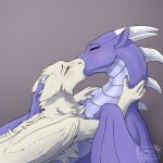  blush caress caressing cuddling dragon duo ears_down embrace endermoonfur eyes_closed female female/female feral hi_res horn pivoted_ears purple_body white_body wings wyvern 