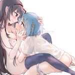  2girls akemi_homura ass black_hair black_legwear blue_eyes blue_hair bottomless breasts closed_mouth commentary eye_contact from_side hair_ribbon hand_on_another&#039;s_head heavy_breathing highres long_hair looking_at_another mahou_shoujo_madoka_magica miki_sayaka multiple_girls mzk_super nude panties panties_around_one_leg parted_lips profile purple_eyes red_ribbon ribbon shirt short_hair short_sleeves sitting small_breasts smile sweat t-shirt thighhighs twitter_username underwear very_long_hair white_background white_shirt yuri 