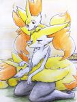  ambiguous_gender anthro blush braixen canid canine eiroru fennekin feral fox fur group hi_res inner_ear_fluff mammal nintendo orange_eyes pok&eacute;mon pok&eacute;mon_(species) simple_background tuft video_games yellow_body yellow_fur 