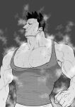  armpit_hair armpits bara bare_pectorals biceps boku_no_hero_academia chest_hair endeavor_(boku_no_hero_academia) facial_hair greyscale hairy highres large_pectorals looking_to_the_side male_focus mature_male monochrome muscular muscular_male nipples pain-lucky777 pants pectorals scar scar_across_eye sideburns solo spiked_hair steam stubble sweat sweatdrop tank_top thick_arms veins veiny_arms wet wet_clothes 