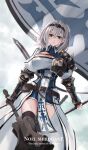  1girl absurdres armor belt braid breasts cleavage flag gauntlets green_eyes headgear highres hololive knight large_breasts looking_at_viewer mace mochi_rice_(mochi_rice33) shirogane_noel short_hair skirt solo thighhighs weapon white_hair 
