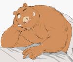 2016 anthro bed bedding biped blanket brown_body furniture gombee_s humanoid_hands kemono male mammal one_eye_closed simple_background solo suid suina sus_(pig) white_background wild_boar wink 