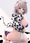  1girl absurdres animal_ears animal_print ass balut_(7676i) blush braid breasts cow_ears cow_horns cow_print cow_tail green_eyes highres hololive hood hoodie horns large_breasts long_hair looking_at_viewer mole mole_on_breast shirogane_noel shirt sideboob single_braid solo string_bikini tail thighhighs white_shirt 