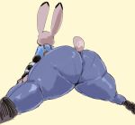  2022 anthro big_butt boots bottomwear butt clothed clothing disney elbow_pads female footwear fully_clothed gloves handwear hi_res huge_butt judy_hopps kiseff lagomorph leporid mammal pants panty_lines police_uniform rabbit rear_view shirt shoes simple_background solo thick_thighs tight_clothing topwear uniform zootopia 