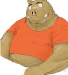  2015 anthro belly brown_body clothing gombee_s kemono male mammal overweight overweight_male shirt simple_background solo suid suina sus_(pig) topwear wild_boar 