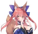  1girl animal_ear_fluff animal_ears bangs blush breasts cleavage closed_mouth commentary_request detached_sleeves fang fate/extra fate_(series) fox_ears fox_girl fox_tail hair_between_eyes heart heart_hands japanese_clothes large_breasts long_hair looking_at_viewer mei_(maple_152) orange_eyes pink_hair sidelocks simple_background skin_fang solo tail tamamo_(fate) tamamo_no_mae_(fate/extra) upper_body white_background 