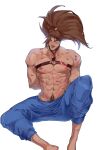  1boy :q abs absurdres bara bdsm biceps blood blush bondage bound brown_hair bruise chest_harness cuts facial_hair harness highres injury league_of_legends long_hair looking_at_viewer male_focus mature_male muscular muscular_male navel navel_hair pants pectorals ponytail punbun_4fun scar scar_on_face sitting solo thick_arms thick_eyebrows tongue tongue_out topless topless_male veins veiny_arms yasuo_(league_of_legends) 