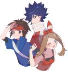  1girl 2boys bangs blue_eyes blue_hair blush breasts brown_eyes brown_hair closed_mouth commentary_request cropped_torso hair_between_eyes hat high_collar highres holding holding_poke_ball hugh_(pokemon) jacket may_(pokemon) mei_(maple_152) multiple_boys nate_(pokemon) one_eye_closed open_mouth poke_ball pokemon pokemon_(game) pokemon_bw2 pokemon_masters_ex pokemon_oras red_headwear simple_background small_breasts spiked_hair tank_top visor_cap white_background 