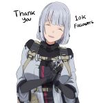  1girl black_gloves braid breasts closed_eyes cyka english_text girls&#039;_frontline gloves highres large_breasts milestone_celebration rpk-16_(girls&#039;_frontline) short_hair side_braids silver_hair solo tactical_clothes thank_you upper_body white_background 