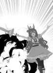  1girl absurdres ahoge animal_ears arms_up asymmetrical_legwear braid commentary_request explosion gryebooks hair_between_eyes highres horse_ears horse_tail looking_up mejiro_bright_(umamusume) monochrome open_mouth solo tail thighhighs twin_braids umamusume umbrella 