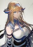  1girl arknights arm_strap bangs bare_shoulders belt blonde_hair blue_eyes blue_hairband blue_necktie breasts commentary dragon_girl dragon_horns elbow_gloves gloves hairband highres horns large_breasts long_hair looking_at_viewer necktie parted_lips pointy_ears saileach_(arknights) shirt sleeveless sleeveless_shirt solo sword upper_body weapon xiayehongming 