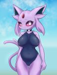  2022 4_fingers anthro anthrofied big_breasts blush breasts camel_toe choker clothed clothing eeveelution ehada espeon female fingers fur hi_res jewelry kemono looking_at_viewer necklace nintendo nipple_outline one-piece_swimsuit pink_body pink_eyes pink_fur pok&eacute;mon pok&eacute;mon_(species) pok&eacute;morph portrait solo swimwear three-quarter_portrait video_games 