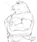  2014 anthro bottomwear clothing gombee_s humanoid_hands kemono male mammal overweight overweight_male pants shirt simple_background sketch smoking solo suid suina sus_(pig) topwear white_background wild_boar 