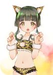  1girl absurdres animal_ears animal_print bob_cut bra braid brown_eyes cat_cutout cat_lingerie cleavage_cutout clothing_cutout cowboy_shot fangs flat_chest frilled_bra frilled_panties frills fur_cuffs green_hair highres kantai_collection meme_attire panties short_hair short_hair_with_long_locks sidelocks solo tail takanami_(kancolle) tiger_ears tiger_print tiger_tail underwear underwear_only wrist_cuffs yashin_(yasinz) 