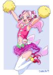  1girl :d clothing_cutout commentary_request cure_yell highres hugtto!_precure looking_at_viewer magical_girl miyagoe_yoshitsuki navel navel_cutout nono_hana pink_eyes pink_hair pink_skirt precure skirt smile solo thighhighs white_legwear zettai_ryouiki 