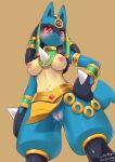  2022 anthro blue_body blush bracelet breasts chest_spike digital_media_(artwork) female genitals hi_res jewelry lucario nintendo nipples pok&eacute;mon pok&eacute;mon_(species) pussy red_eyes ruins_style_lucario simple_background solo spikes spikes_(anatomy) video_games wolflong 