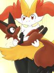  ambiguous_gender anthro blush braixen canid canine duo eiroru feral fox fur hi_res inner_ear_fluff mammal nickit nintendo orange_eyes pok&eacute;mon pok&eacute;mon_(species) red_body red_fur tuft video_games yellow_body yellow_fur 