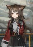 1girl animal_ears arknights bangs belt black_dress blush brown_eyes brown_hair cat_ears commentary_request dress eyebrows_visible_through_hair highres jacket long_hair long_sleeves open_clothes open_jacket outdoors parted_lips pleated_dress rakuaki red_jacket skyfire_(arknights) solo wide_sleeves 