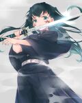  1boy bangs belt bishounen black_hakama closed_mouth facial_mark green_eyes green_hair grey_background hakama highres holding holding_sword holding_weapon japanese_clothes katana kimetsu_no_yaiba long_hair male_focus mei_(maple_152) simple_background solo sword tokitou_muichirou weapon wide_sleeves 