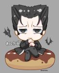  1boy bakemonogatari bat bat_wings black_eyes black_hair chibi chocolate crossed_legs doughnut food formal kaiki_deishuu male_focus monogatari_(series) own_hands_together short_hair simple_background sitting solo suit washikiba wings 