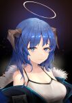  1girl absurdres arknights bangs bare_shoulders blue_eyes blue_hair breasts chinese_commentary cleavage closed_mouth collarbone eyebrows_visible_through_hair forehead fur_trim halo highres horns jacket large_breasts long_hair looking_at_viewer mostima_(arknights) parted_bangs simple_background smile solo toweek_(wwz-0v0) upper_body 