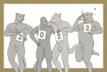  9x9 abs ambiguous_species animal_genitalia anthro balls canid canine canis cloaca embrace felid feline frown genitals group hug lizard male mammal muscular navel new_year_2022 nude pecs pose reptile scalie sheath smile standing star ursid wolf 