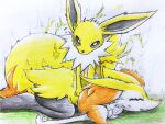  ambiguous_gender anthro blush braixen canid canine duo eeveelution eiroru electricity electrostimulation eyes_closed feral fox fur inner_ear_fluff jolteon mammal nintendo pok&eacute;mon pok&eacute;mon_(species) tuft video_games yellow_body yellow_fur 