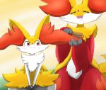  anthro blush braixen brush canid canine delphox duo eiroru eyes_closed female fox fur hi_res inner_ear_fluff mammal nintendo orange_eyes pok&eacute;mon pok&eacute;mon_(species) simple_background tuft video_games yellow_body yellow_fur 