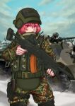  1girl ak-74 assault_rifle bangdog btr-80 camouflage commentary cowboy_shot gun helmet highres holding holding_weapon kalashnikov_rifle looking_at_viewer military military_helmet military_uniform military_vehicle open_mouth original pink_eyes pink_hair rifle sky solo spetsnaz standing tree uniform weapon winter 