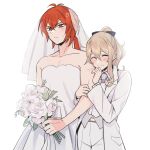  1boy 1girl alternate_costume anger_vein bangs blonde_hair blush bouquet bow bridal_veil closed_eyes closed_mouth crossdressing diluc_(genshin_impact) dress flower genshin_impact hair_between_eyes hair_bow hetero holding holding_bouquet jean_(genshin_impact) long_hair long_sleeves pants red_eyes red_hair role_reversal rome_romedo simple_background smile symbol-only_commentary veil wedding_dress white_background white_dress white_flower white_pants 