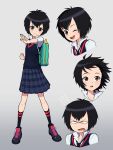 1girl ;d annoyed backpack bag bangs black_hair brown_eyes clenched_hand closed_mouth full_body highres looking_at_viewer marvel necktie one_eye_closed peni_parker pleated_skirt school_uniform short_hair skirt smile solo spider-man:_into_the_spider-verse spider-man_(series) standing sweater sweater_vest yoshi_(moco1) 