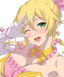  1girl :d bangs bare_shoulders blonde_hair blush braid breasts choker cleavage collarbone elbow_gloves elf eyebrows eyebrows_visible_through_hair eyelashes frills gloves green_eyes highres huge_breasts kawase_seiki leafa lips looking_at_viewer magical_girl makeup mascara open_mouth pink_choker pink_lips pink_ribbon pointy_ears ponytail ribbon selfie smile solo sword_art_online teeth tongue twin_braids upper_body white_gloves yellow_choker 