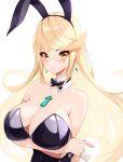  1girl absurdres alternate_costume animal_ears bangs black_leotard blonde_hair bow bowtie breasts chest_jewel cleavage earrings fake_animal_ears gem headpiece highres jewelry large_breasts leotard long_hair mythra_(xenoblade) playboy_bunny rabbit_ears risumi_(taka-fallcherryblossom) solo strapless strapless_leotard swept_bangs very_long_hair xenoblade_chronicles_(series) xenoblade_chronicles_2 yellow_eyes 