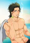  1boy abs absurdres bara black_clover black_hair blush facial_hair goatee highres holding holding_clothes holding_shirt kir_(kir_keropi) large_pectorals long_sideburns looking_at_viewer male_focus mature_male muscular muscular_male navel navel_hair nipples pectorals shirt short_hair sideburns smile solo spiked_hair stomach topless_male yami_sukehiro 