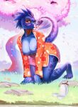  animal_humanoid anthro argonian asian_clothing bethesda_softworks beverage blue_body breasts claws clothed clothing east_asian_clothing female flower flower_in_mouth grass green_eyes hi_res humanoid japanese_clothing jewelry kimono kneeling lizard millymay plant plantigrade raised_tail reptile rock sakura scalie scalie_humanoid smile solo the_elder_scrolls tree video_games ych_(character) 