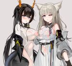  2girls :o absurdres animal_ears arknights arknights:_endfield bangs bare_shoulders belt belt_pouch black_hair blue_eyes blunt_bangs blush breasts cat_ears character_request chinese_commentary commentary_request cowboy_shot dragon_girl dragon_horns dragon_tail dress eyebrows_visible_through_hair grey_background grey_jacket hand_on_another&#039;s_chin highres horns impossible_clothes impossible_dress jacket large_breasts long_hair looking_at_viewer mikuning multiple_girls navel nipples off_shoulder one_eye_closed open_clothes open_jacket perlica_(arknights) pouch purple_eyes silver_hair simple_background tail tail_through_clothes torn_clothes torn_dress twintails very_long_hair white_dress 