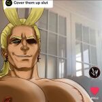  1boy all_might antenna_hair bara boku_no_hero_academia cover_them_up_slut_(meme) covered_eyes dark-skinned_male dark_skin deadbones_(trashbirdd) glowing glowing_eye hair_slicked_back highres large_pectorals looking_at_viewer male_focus mature_male meme muscular muscular_male nipples nude pectoral_focus pectorals seductive_smile short_hair sideburns smile solo tiktok upper_body 