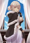  1girl bangs blonde_hair blue_sky breasts brown_cape brown_dress brown_gloves cape cloud commentary_request cowboy_shot day double_bun dress expressionless fur-trimmed_cape fur-trimmed_gloves fur_trim gloves hair_ribbon high_wizard_(ragnarok_online) indoors kathryne_keyron looking_at_viewer looking_back masaki_shino medium_breasts open_window parted_lips ragnarok_online red_eyes red_ribbon ribbon short_hair sky solo twitter_username two-tone_dress white_dress window 