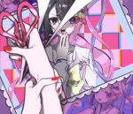  ame-chan_(needy_girl_overdose) black_hair bow chouzetsusaikawa_tenshi-chan chromatic_aberration hair_ornament hands_on_own_face highres holographic_clothing multicolored_nails needy_girl_overdose onga open_mouth purple_eyes quad_tails red_nails scissors silver_hair slit_wrist teeth upper_teeth x_hair_ornament 