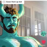  1boy bara beard blue_horns blue_skin brown_hair chest_hair colored_skin cover_them_up_slut_(meme) demon_horns facial_hair highres horns large_pectorals looking_at_viewer male_focus mature_male meme muscular muscular_male mustache nipples nude original pectoral_focus pectorals phineart short_hair sideburns solo sunlight surprised tiktok upper_body wide-eyed 