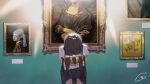  1girl absurdres black_skirt brown_hair cadorunrun fine_art girl_with_a_pearl_earring highres leaning_forward long_hair mona_lisa object_hug original painting_(object) pleated_skirt school_uniform serafuku shirt short_sleeves skirt solo very_long_hair white_shirt 