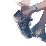  1girl adjusting_footwear amiya_(arknights) anklet arknights black_footwear brown_legwear highres jewelry min_(120716) multiple_rings pantyhose ring shoes simple_background solo standing white_background 