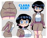  1girl :o ass black_hair blue_eyes blush_stickers breasts bright_pupils character_name clark_kent dc_comics formal from_side genderswap genderswap_(mtf) glasses high-waist_skirt highres jacket large_breasts multiple_views narrow_waist office_lady rariatto_(ganguri) shirt shirt_tucked_in short_hair skirt skirt_suit standing suit superman_(series) white_pupils white_shirt 