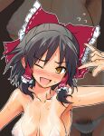  1girl :d \m/ areola_slip areolae armpit_hair armpits bangs bikini black_hair black_pubic_hair blush bow breasts cleavage cookie_(touhou) covered_nipples eyebrows_visible_through_hair female_pubic_hair flying_sweatdrops frilled_bow frilled_hair_tubes frills hair_bow hair_tubes hakurei_reimu looking_at_viewer medium_breasts medium_hair nipples nose_blush one_eye_closed open_mouth pubic_hair red_bow sananana_(cookie) see-through smile solo sweat swimsuit touhou upper_body white_bikini yamabe_no_akahito yellow_eyes zoom_layer 